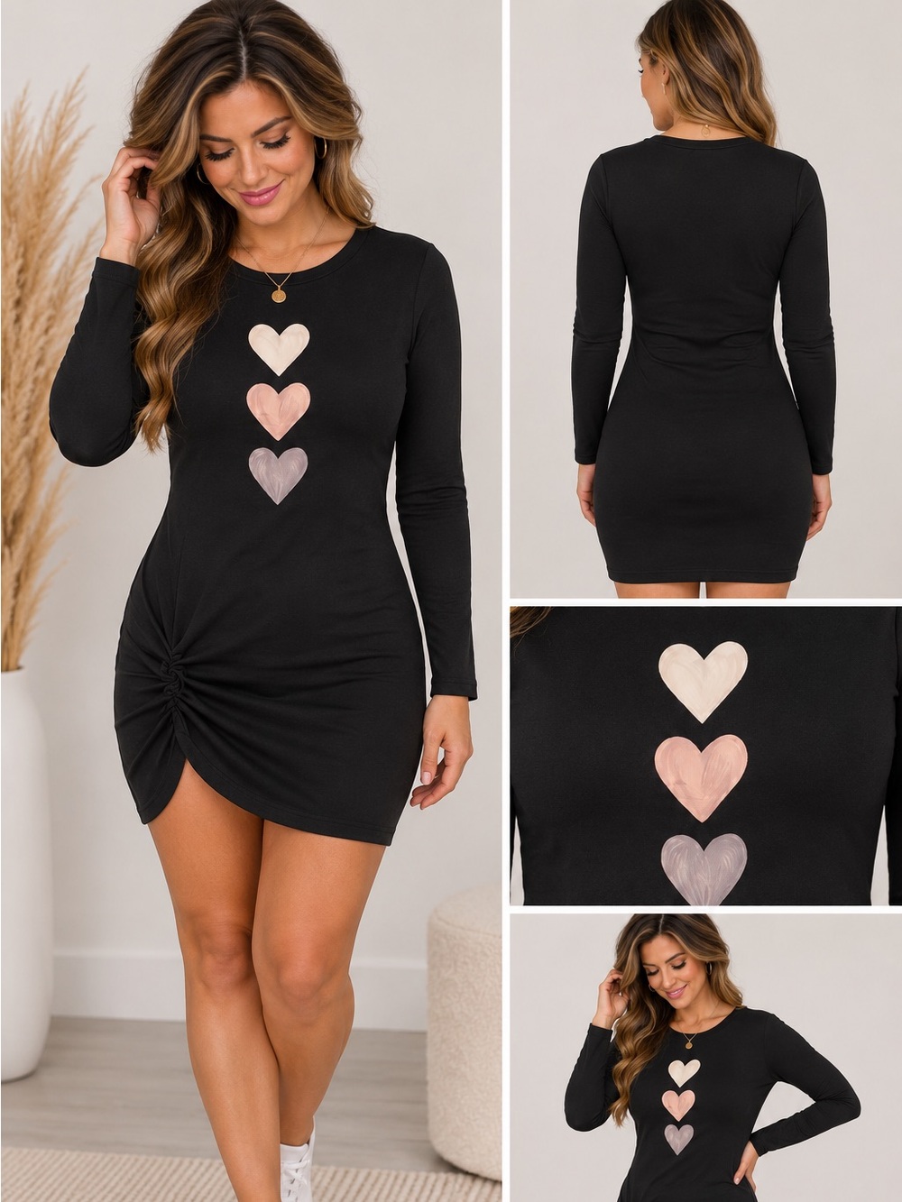 SHEIN Women’s Medium Black Fitted Long Sleeve Heart Ruched Mini Dress NWOT